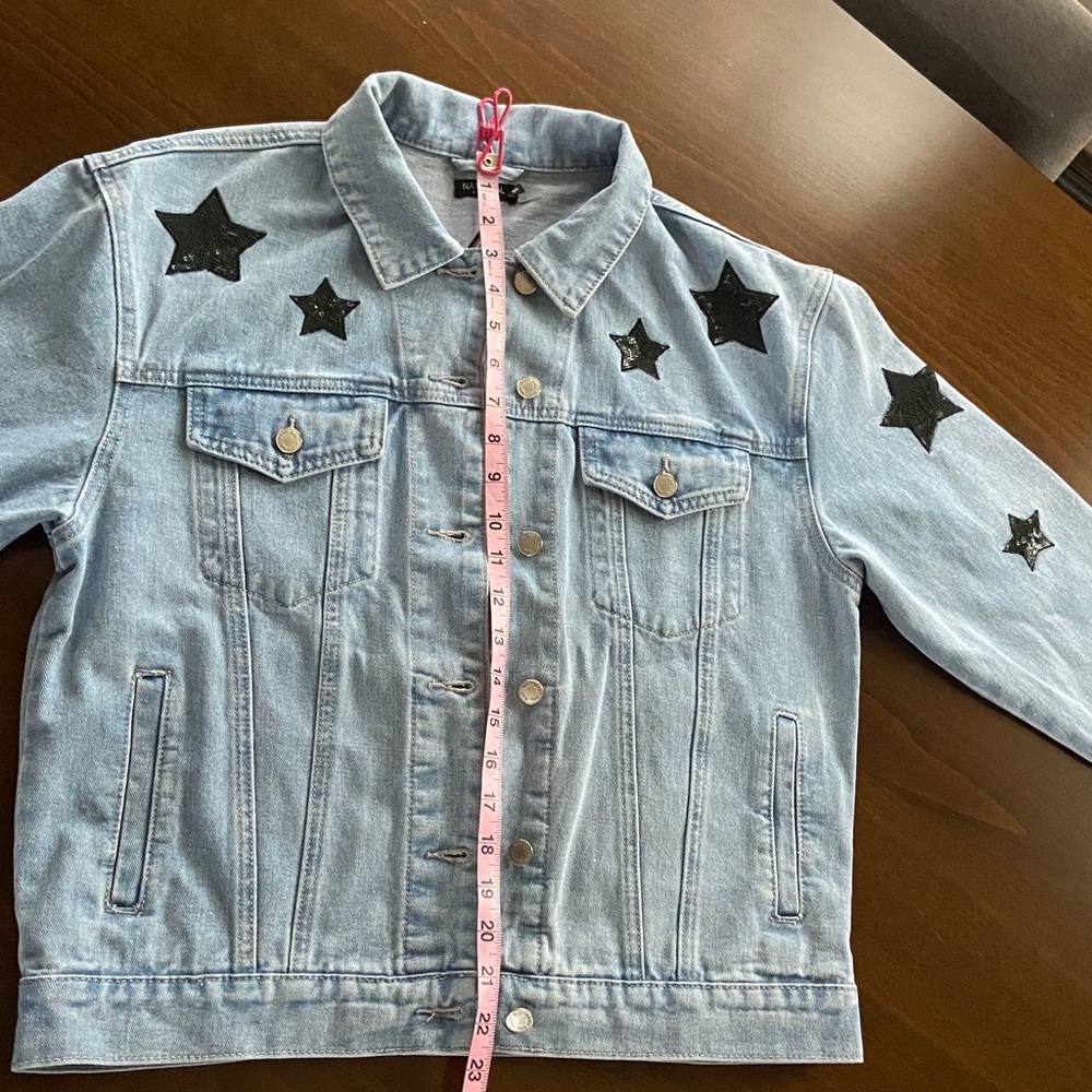 Sale! Nasty Gal Blue Denim Jacket with Black Sequin Stars. US Size 6 - Picture 11 of 17